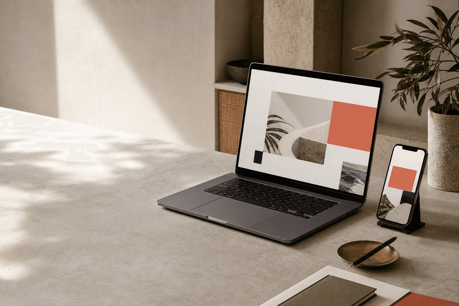 Laptop dan ponsel menampilkan rancangan website di meja studio GetStore